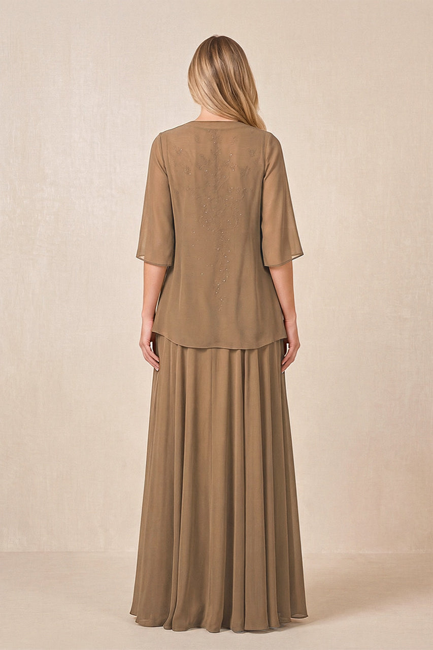 Brown Cape Sleeves A-Line Chiffon Scoop Neck Embroidered Mother of the Bride Dress