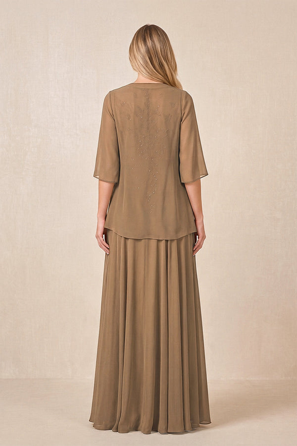 Brown Cape Sleeves A-Line Chiffon Scoop Neck Embroidered Mother of the Bride Dress (2) | KISSBRIDAL