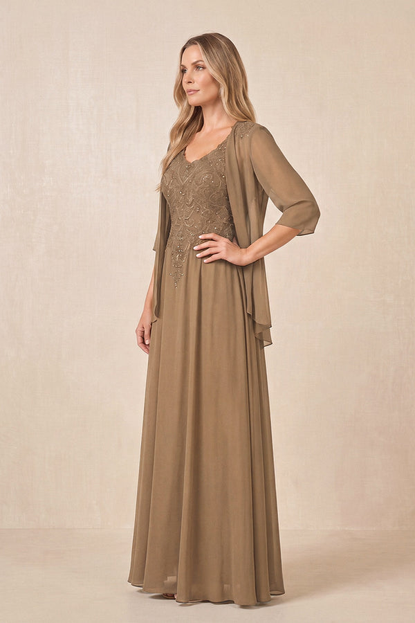 Brown Cape Sleeves A-Line Chiffon Scoop Neck Embroidered Mother of the Bride Dress (3) | KISSBRIDAL