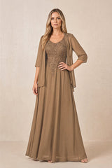 Brown Cape Sleeves A-Line Chiffon Scoop Neck Embroidered Mother of the Bride Dress | KISSBRIDAL