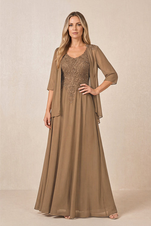 Brown Cape Sleeves A-Line Chiffon Scoop Neck Embroidered Mother of the Bride Dress | KISSBRIDAL