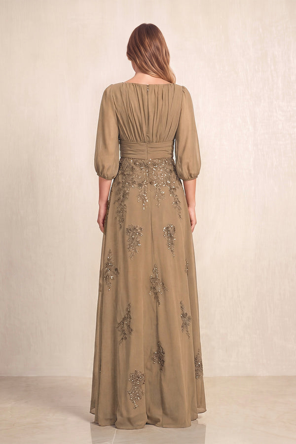 Brown Chiffon A-Line Embroidered Boat Neck Long Mother of the Bride Dress (2) | KISSBRIDAL