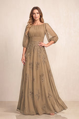 Brown Chiffon A-Line Embroidered Boat Neck Long Mother of the Bride Dress | KISSBRIDAL