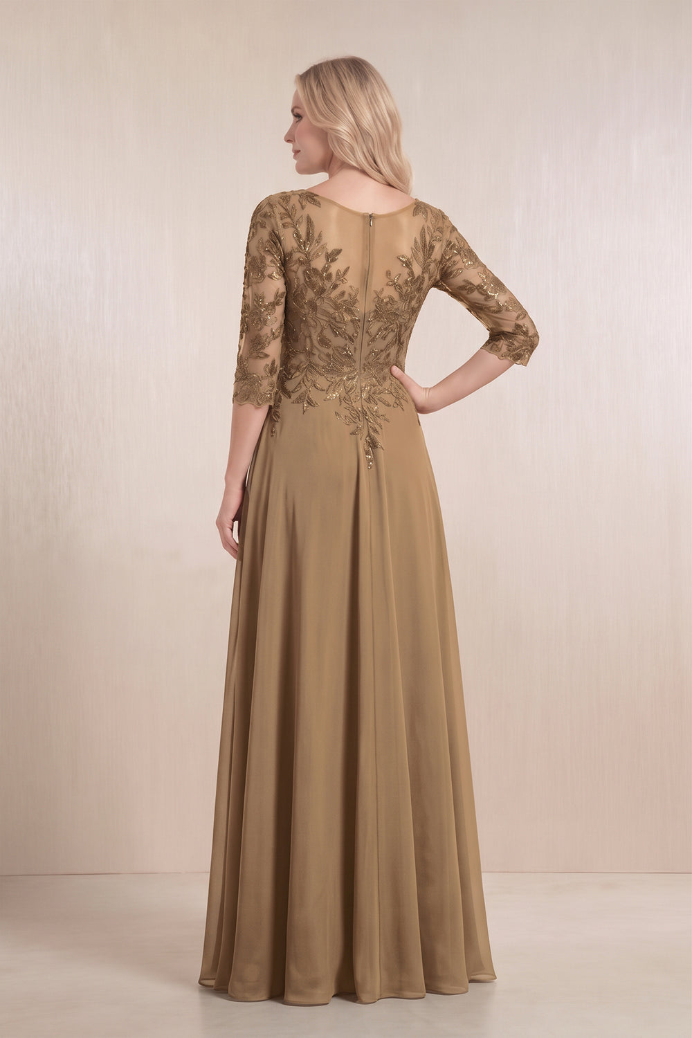 Brown Chiffon A-Line Embroidered Mother of the Bride Dress With Sleeves