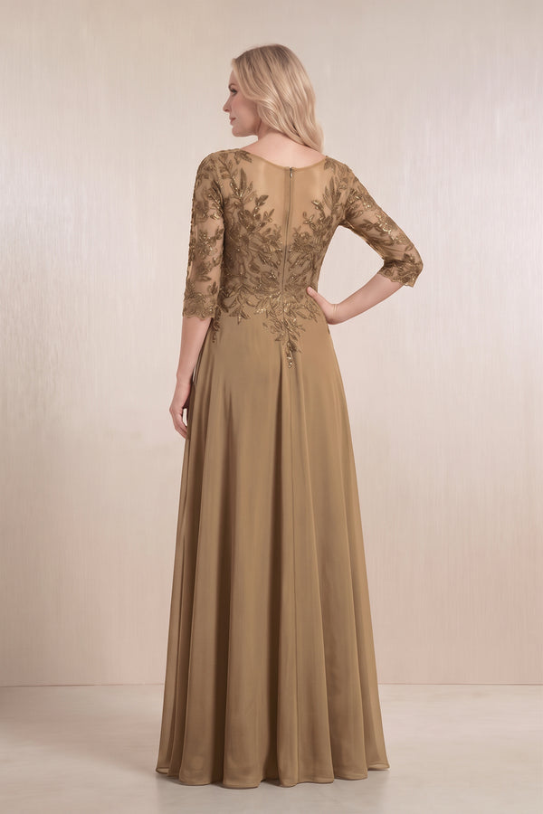 Brown Chiffon A-Line Embroidered Mother of the Bride Dress With Sleeves (2) | KISSBRIDAL
