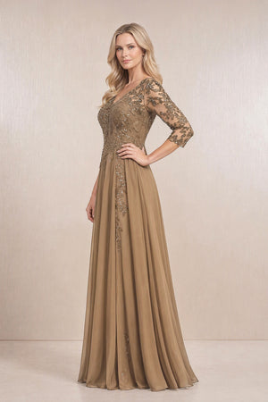 Brown Chiffon A-Line Embroidered Mother of the Bride Dress With Sleeves (3) | KISSBRIDAL
