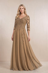 Brown Chiffon A-Line Embroidered Mother of the Bride Dress With Sleeves | KISSBRIDAL