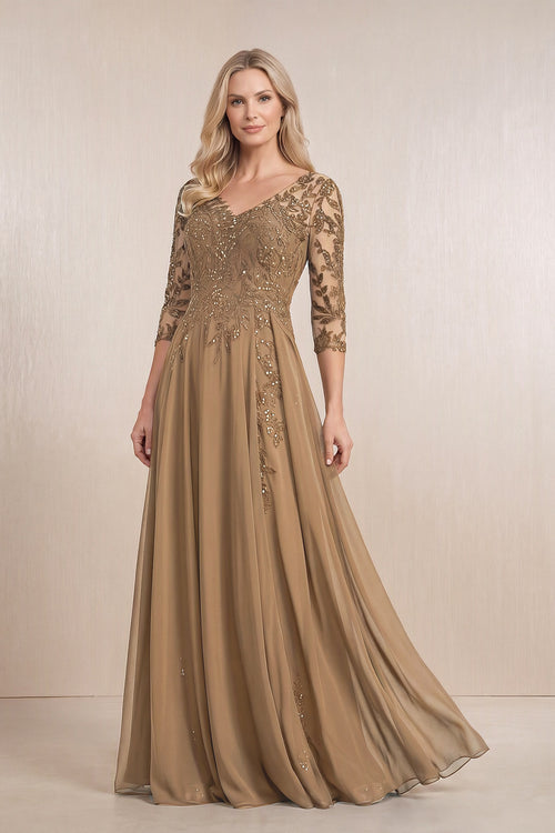 Brown Chiffon A-Line Embroidered Mother of the Bride Dress With Sleeves | KISSBRIDAL