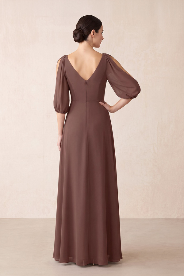 Brown Chiffon A-Line V-Neck Mother of the Bride Dress With Sleeves (2) | KISSBRIDAL