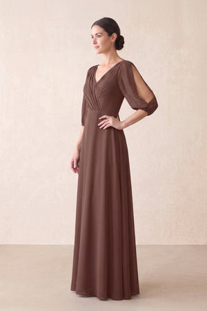 Brown Chiffon A-Line V-Neck Mother of the Bride Dress With Sleeves (3) | KISSBRIDAL
