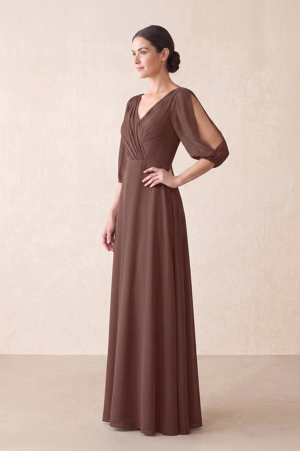 Brown Chiffon A-Line V-Neck Mother of the Bride Dress With Sleeves (3) | KISSBRIDAL