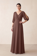 Brown Chiffon A-Line V-Neck Mother of the Bride Dress With Sleeves | KISSBRIDAL