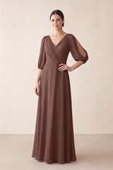 Brown Chiffon A-Line V-Neck Mother of the Bride Dress With Sleeves | KISSBRIDAL
