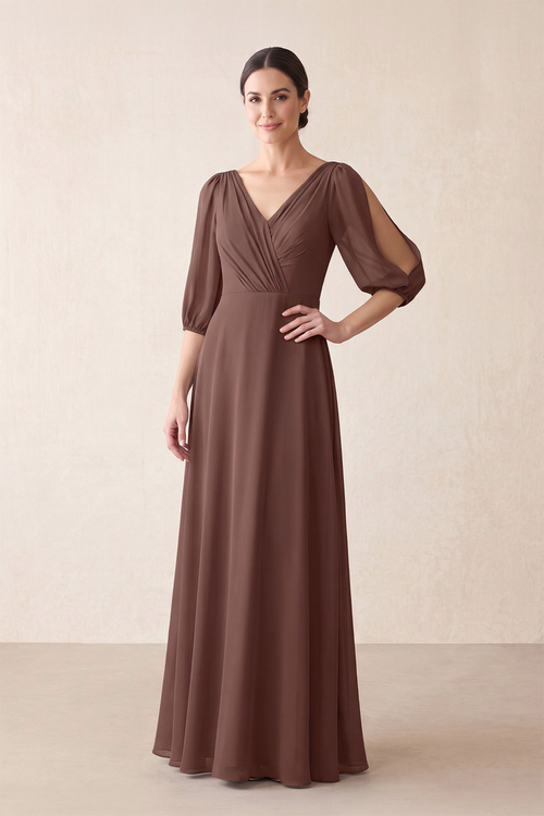 Brown Chiffon A-Line V-Neck Mother of the Bride Dress With Sleeves | KISSBRIDAL
