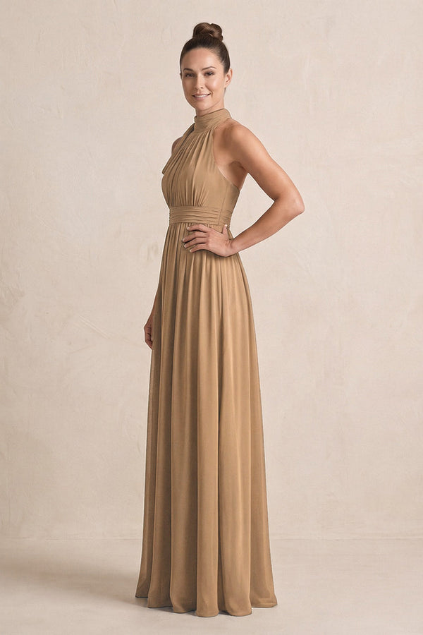 Brown Chiffon Halter A-Line Mother of the Bride Dress (3) | KISSBRIDAL