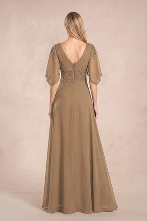 Brown Chiffon Lone Sleeves A-Line V-Neck Embroidered Mother of the Bride Dress (2) | KISSBRIDAL