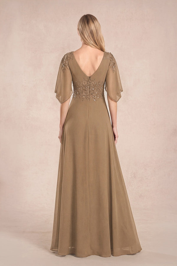 Brown Chiffon Lone Sleeves A-Line V-Neck Embroidered Mother of the Bride Dress (2) | KISSBRIDAL
