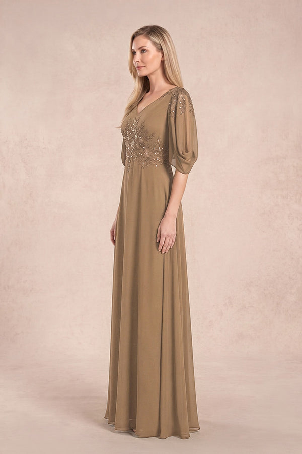 Brown Chiffon Lone Sleeves A-Line V-Neck Embroidered Mother of the Bride Dress (3) | KISSBRIDAL
