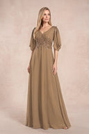 Brown Chiffon Lone Sleeves A-Line V-Neck Embroidered Mother of the Bride Dress | KISSBRIDAL