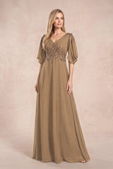 Brown Chiffon Lone Sleeves A-Line V-Neck Embroidered Mother of the Bride Dress | KISSBRIDAL