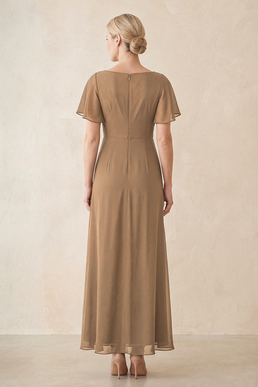 Brown Chiffon Ruched A-Line Ruffled Sleeves Midi Mother of the Bride Dress