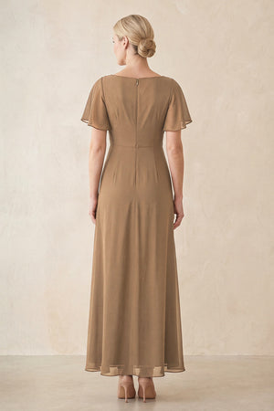 Brown Chiffon Ruched A-Line Ruffled Sleeves Midi Mother of the Bride Dress (2) | KISSBRIDAL
