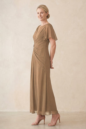 Brown Chiffon Ruched A-Line Ruffled Sleeves Midi Mother of the Bride Dress (3) | KISSBRIDAL