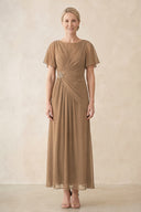 Brown Chiffon Ruched A-Line Ruffled Sleeves Midi Mother of the Bride Dress | KISSBRIDAL