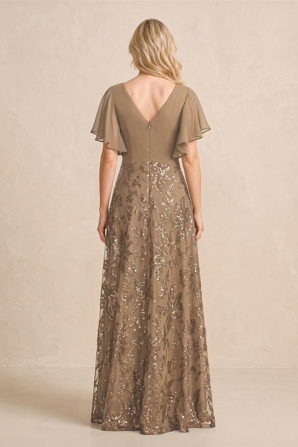 Brown Chiffon V-Neck A-Line Embroidered Mother of the Bride Dress with Ruffled Sleeves (2) | KISSBRIDAL