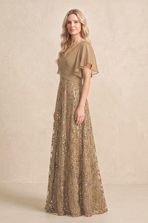 Brown Chiffon V-Neck A-Line Embroidered Mother of the Bride Dress with Ruffled Sleeves (3) | KISSBRIDAL