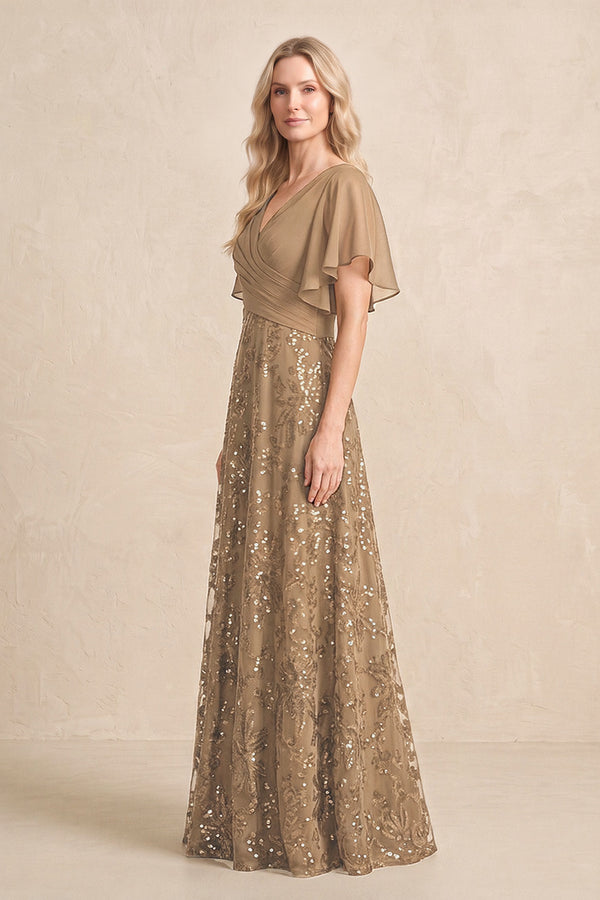 Brown Chiffon V-Neck A-Line Embroidered Mother of the Bride Dress with Ruffled Sleeves (3) | KISSBRIDAL