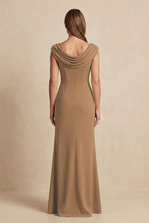 Brown Cowl Neck Sheath Chiffon Mother of the Bride Dress with Slit and Cap Sleeves (2) | KISSBRIDAL