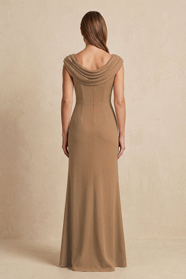 Brown Cowl Neck Sheath Chiffon Mother of the Bride Dress with Slit and Cap Sleeves (2) | KISSBRIDAL