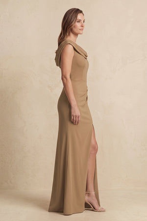 Brown Cowl Neck Sheath Chiffon Mother of the Bride Dress with Slit and Cap Sleeves (3) | KISSBRIDAL