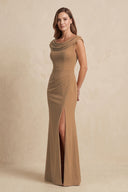 Brown Cowl Neck Sheath Chiffon Mother of the Bride Dress with Slit and Cap Sleeves | KISSBRIDAL