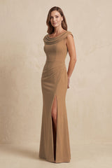 Brown Cowl Neck Sheath Chiffon Mother of the Bride Dress with Slit and Cap Sleeves | KISSBRIDAL