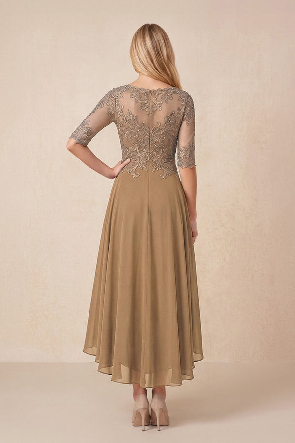 Brown Embroidered A-Line Chiffon Midi Mother of the Bride Dress with Sleeves (2) | KISSBRIDAL