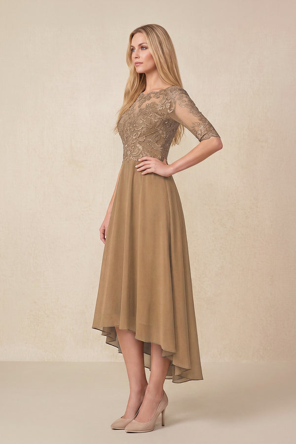 Brown Embroidered A-Line Chiffon Midi Mother of the Bride Dress with Sleeves (3) | KISSBRIDAL