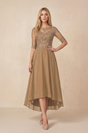 Brown Embroidered A-Line Chiffon Midi Mother of the Bride Dress with Sleeves | KISSBRIDAL