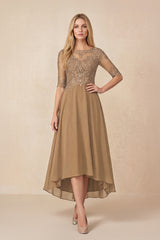 Brown Embroidered A-Line Chiffon Midi Mother of the Bride Dress with Sleeves | KISSBRIDAL