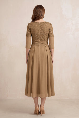 Brown Embroidered Chiffon A-Line Midi Mother of the Bride Dress (2) | KISSBRIDAL