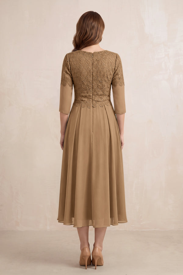 Brown Embroidered Chiffon A-Line Midi Mother of the Bride Dress (2) | KISSBRIDAL