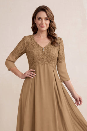 Brown Embroidered Chiffon A-Line Midi Mother of the Bride Dress (3) | KISSBRIDAL