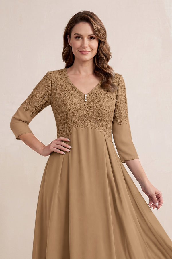 Brown Embroidered Chiffon A-Line Midi Mother of the Bride Dress (3) | KISSBRIDAL