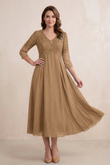 Brown Embroidered Chiffon A-Line Midi Mother of the Bride Dress | KISSBRIDAL