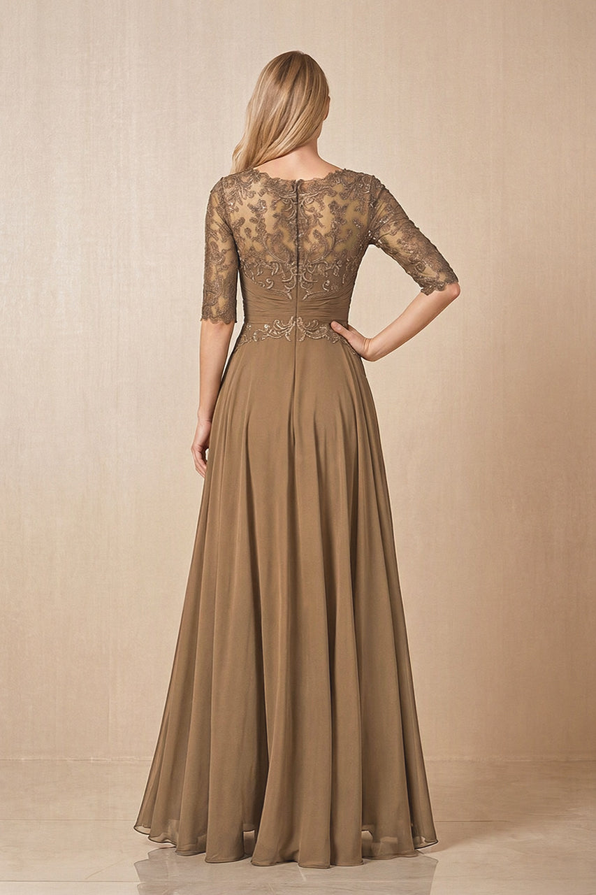 Brown Embroidered Chiffon Boat Neck A-Line Mother of the Bride Dress with Half Sleeves