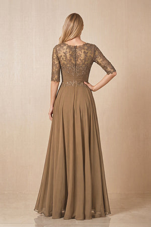 Brown Embroidered Chiffon Boat Neck A-Line Mother of the Bride Dress with Half Sleeves (2) | KISSBRIDAL