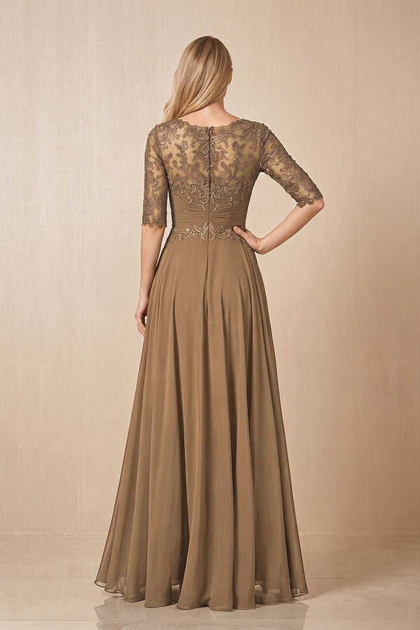 Brown Embroidered Chiffon Boat Neck A-Line Mother of the Bride Dress with Half Sleeves (2) | KISSBRIDAL