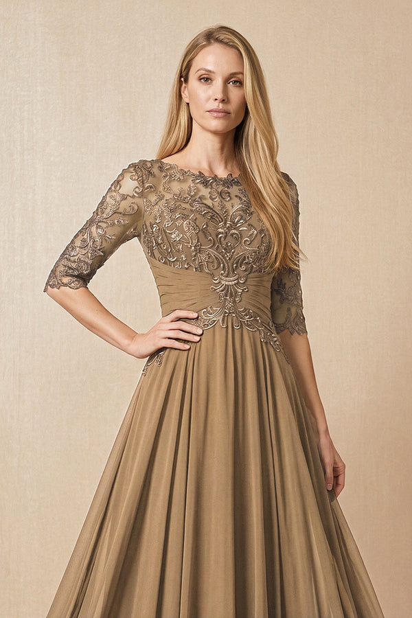 Brown Embroidered Chiffon Boat Neck A-Line Mother of the Bride Dress with Half Sleeves (3) | KISSBRIDAL
