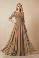 Brown Embroidered Chiffon Boat Neck A-Line Mother of the Bride Dress with Half Sleeves | KISSBRIDAL